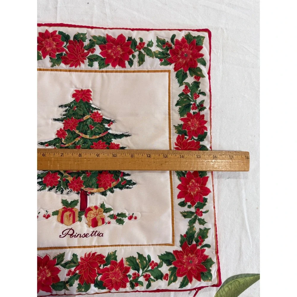 Vintage Christmas Poinsettia Tree Quilted Pillow Cover Red Cream 16x16 Zipper‎
